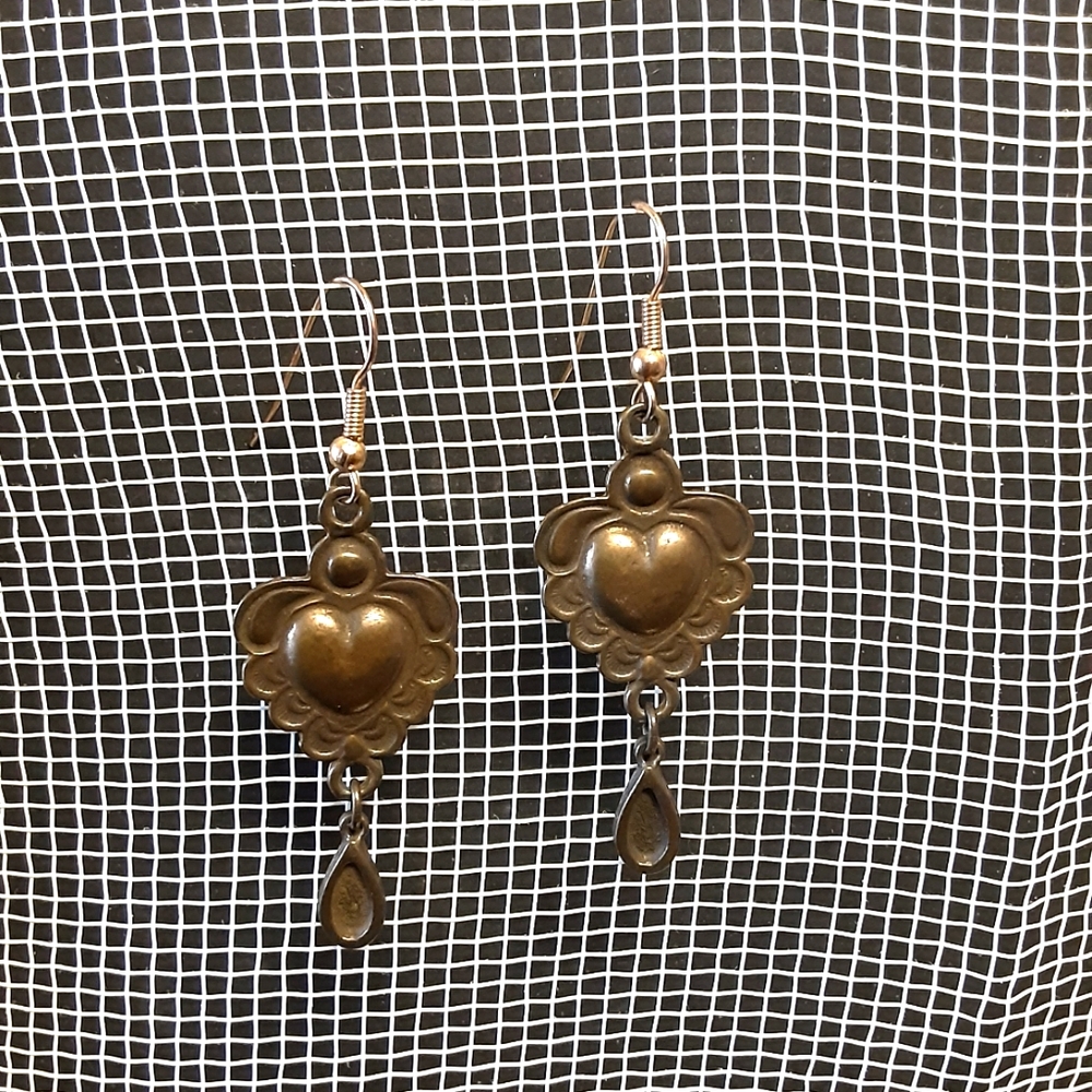 Boho Bronze Heart Dangle Earrings Gypsy Style